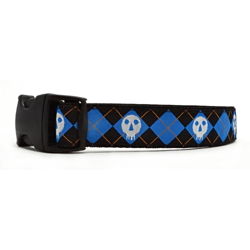 Black & Blue Argyle Skulls Dog Collar